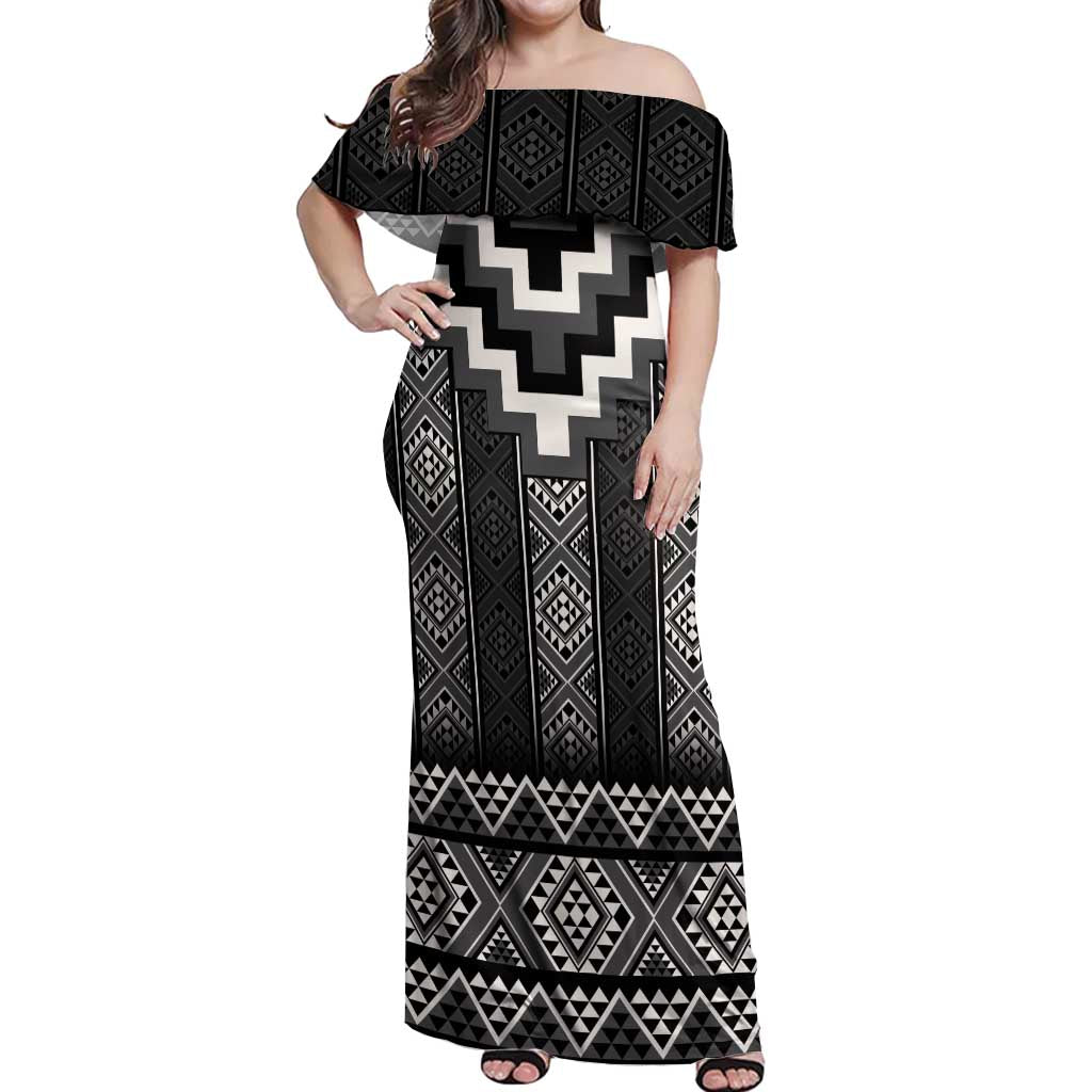 Black Taniko Aotearoa Off Shoulder Maxi Dress Niho Taniwha Mix Poutama LT14 Women Black - Polynesian Pride