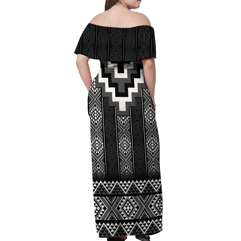 Black Taniko Aotearoa Off Shoulder Maxi Dress Niho Taniwha Mix Poutama LT14 - Polynesian Pride