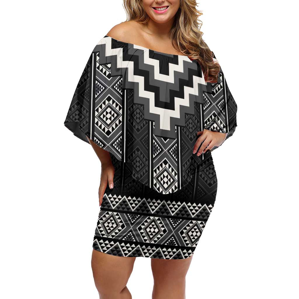 Black Taniko Aotearoa Off Shoulder Short Dress Niho Taniwha Mix Poutama LT14 Women Black - Polynesian Pride