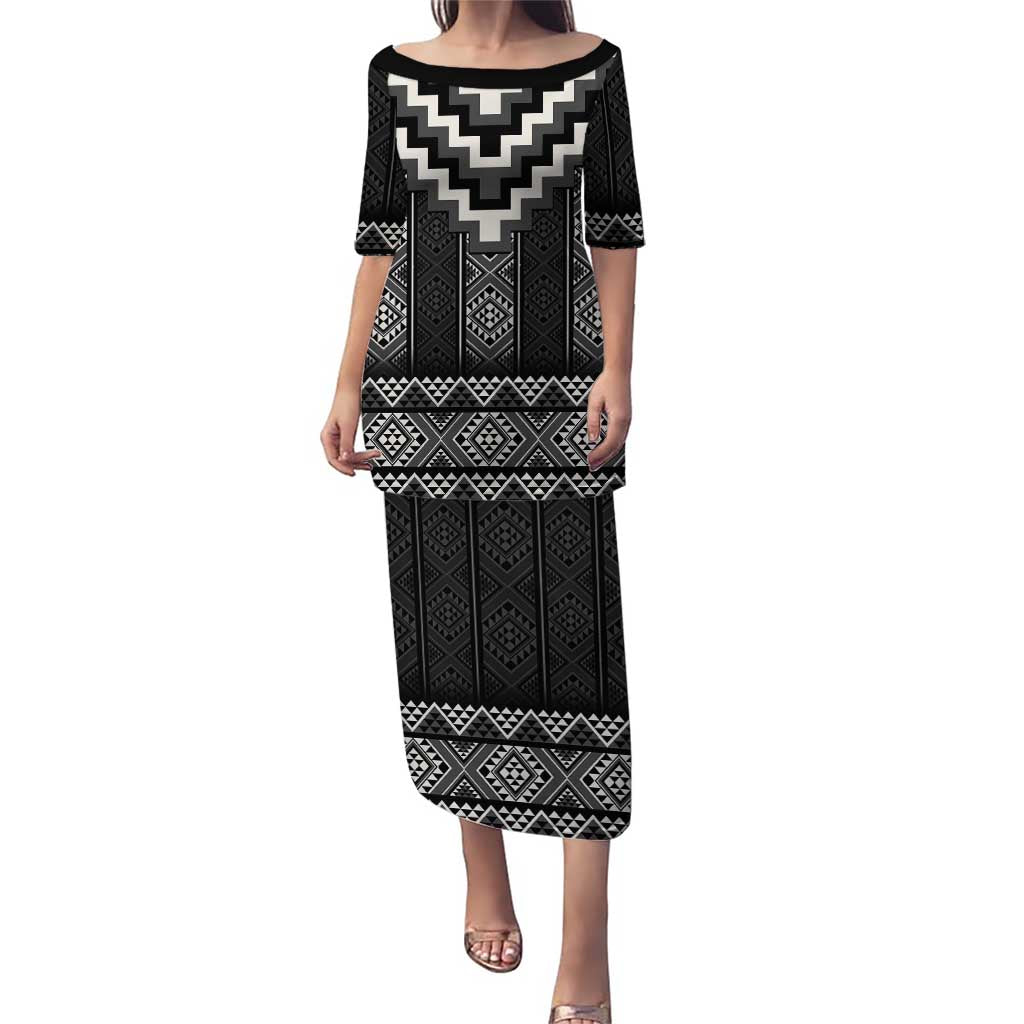 Black Taniko Aotearoa Puletasi Niho Taniwha Mix Poutama LT14 Long Dress Black - Polynesian Pride