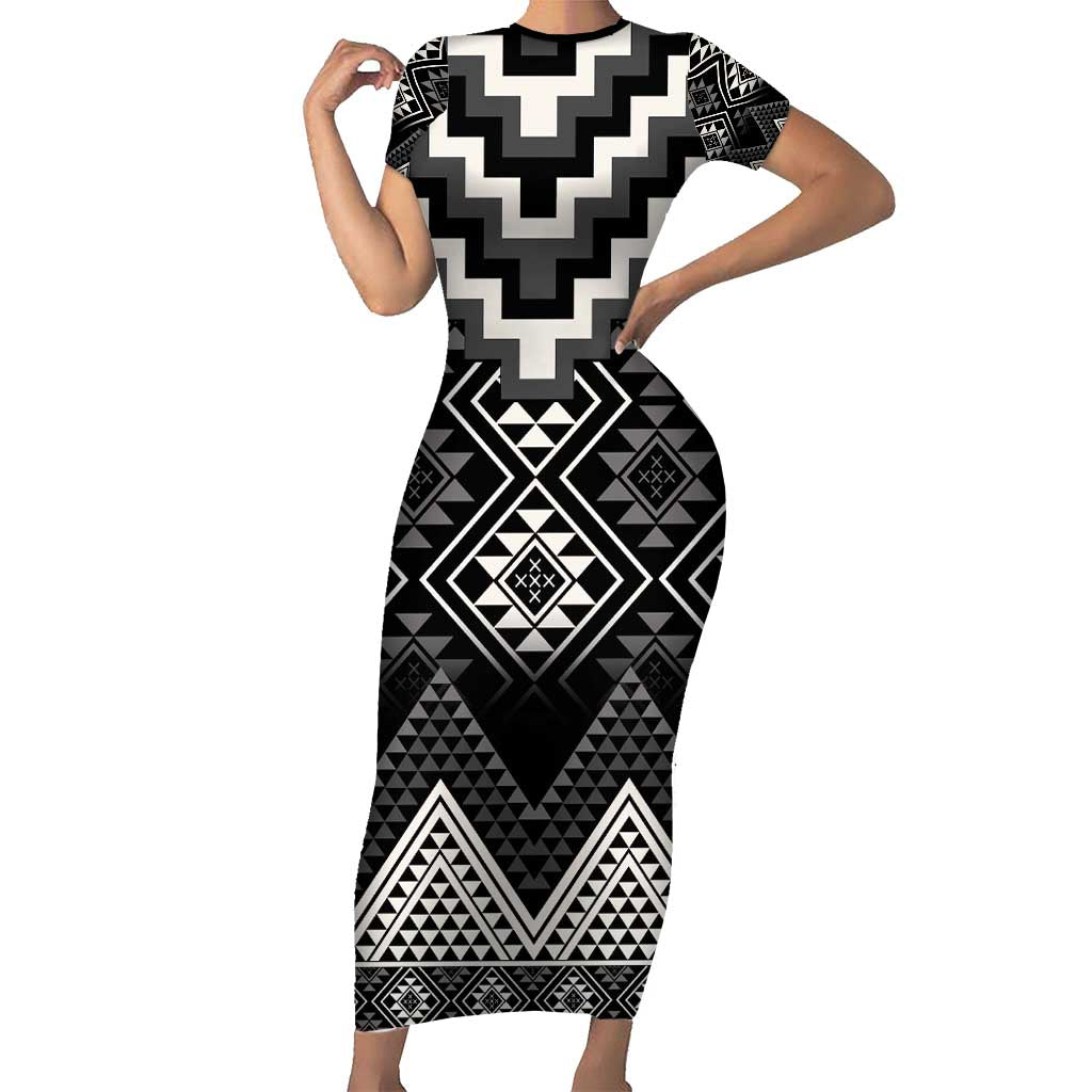 Black Taniko Aotearoa Short Sleeve Bodycon Dress Niho Taniwha Mix Poutama