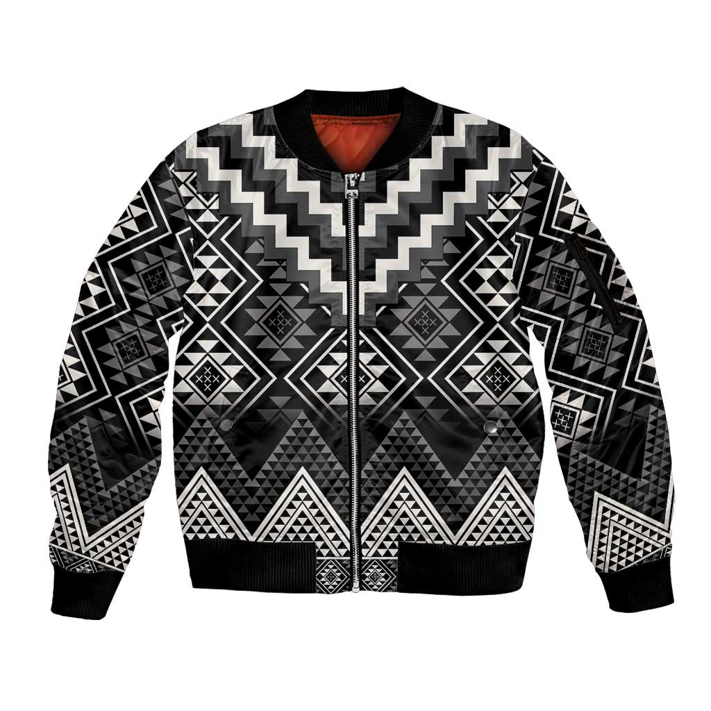 Black Taniko Aotearoa Sleeve Zip Bomber Jacket Niho Taniwha Mix Poutama