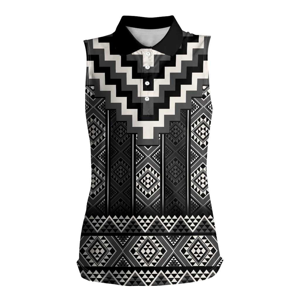 Black Taniko Aotearoa Women Sleeveless Polo Shirt Niho Taniwha Mix Poutama LT14 Female Black - Polynesian Pride