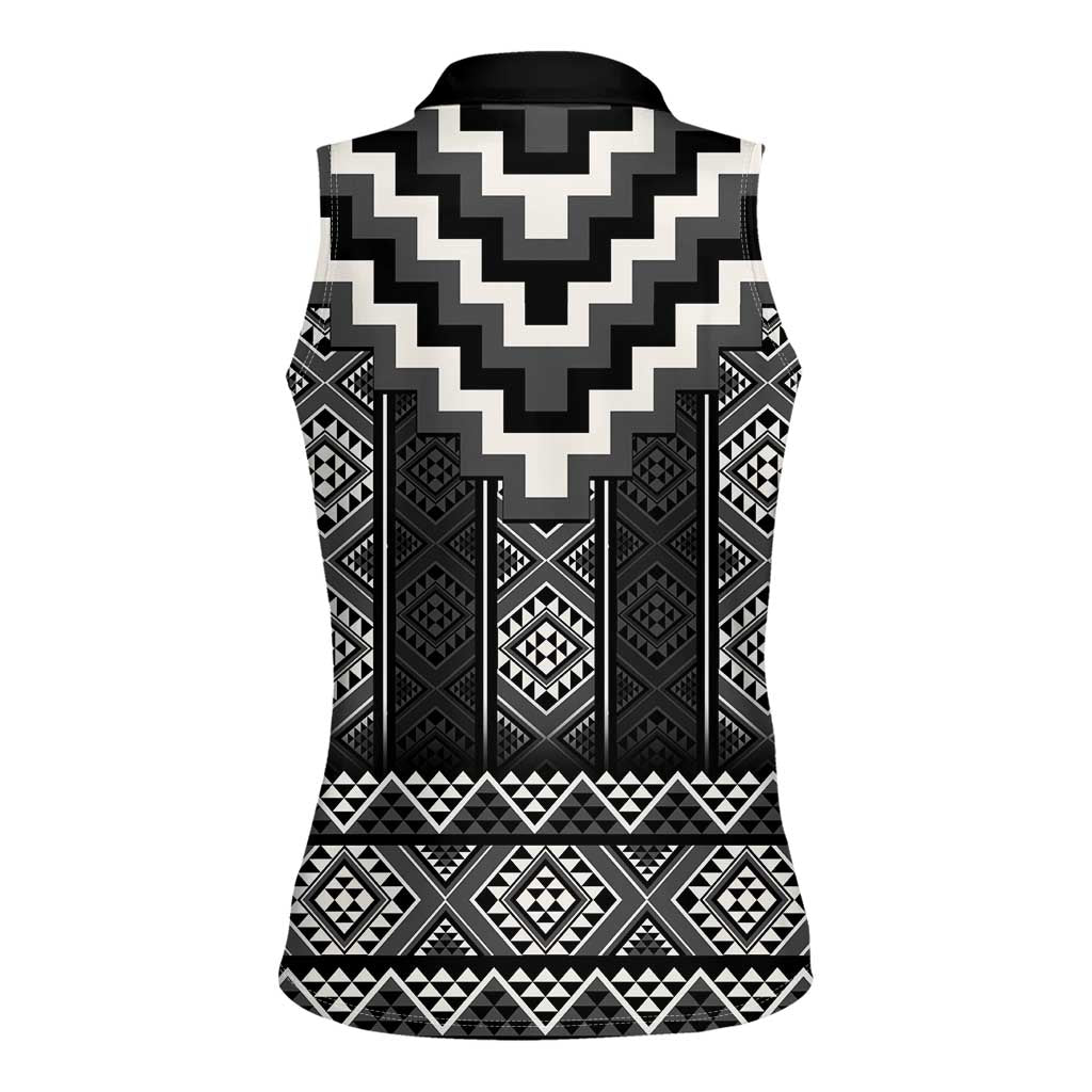 Black Taniko Aotearoa Women Sleeveless Polo Shirt Niho Taniwha Mix Poutama LT14 - Polynesian Pride