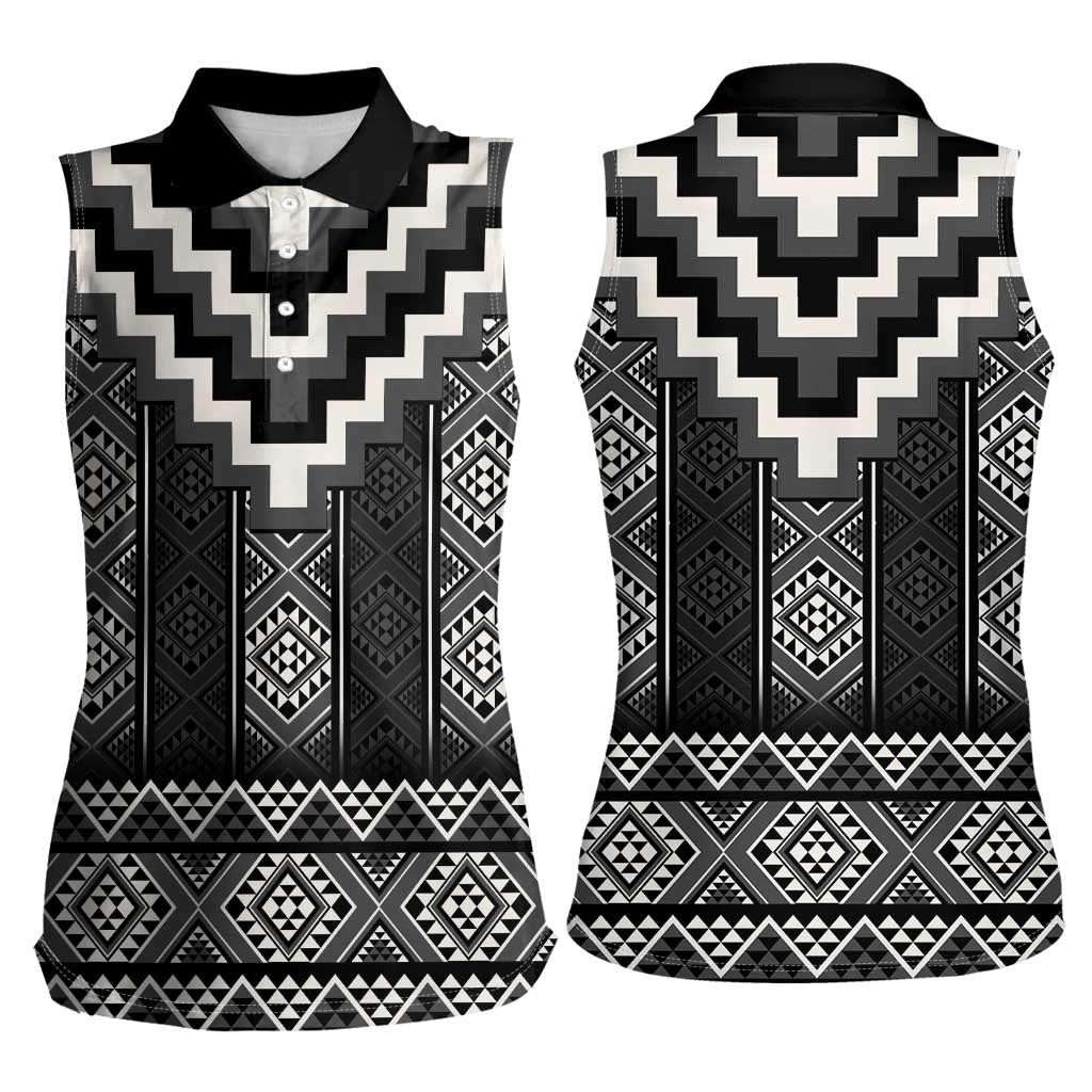 Black Taniko Aotearoa Women Sleeveless Polo Shirt Niho Taniwha Mix Poutama LT14 - Polynesian Pride
