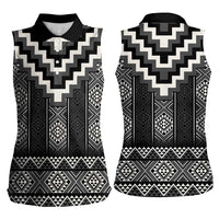 Black Taniko Aotearoa Women Sleeveless Polo Shirt Niho Taniwha Mix Poutama LT14 - Polynesian Pride