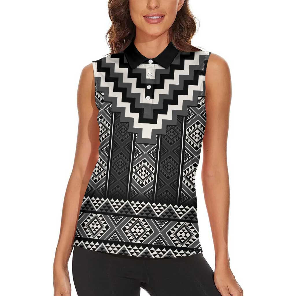 Black Taniko Aotearoa Women Sleeveless Polo Shirt Niho Taniwha Mix Poutama LT14 - Polynesian Pride