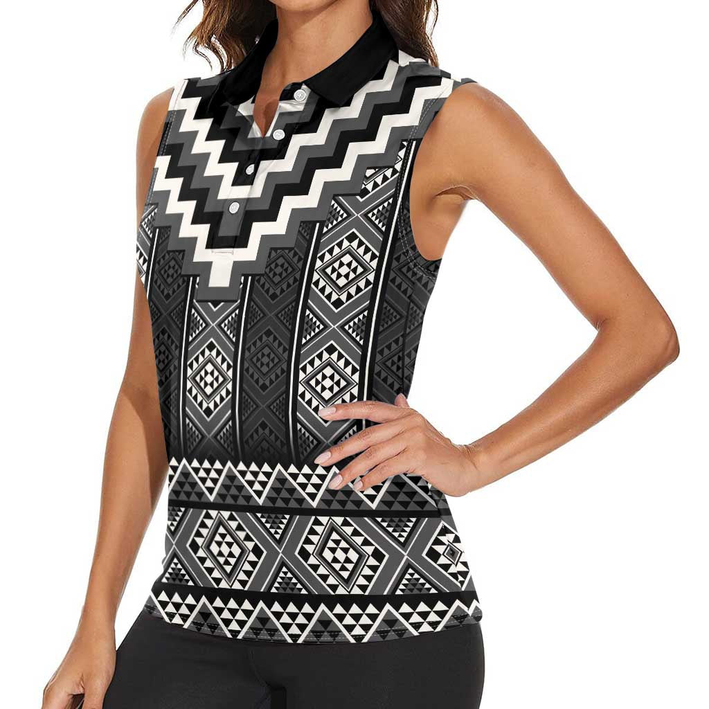 Black Taniko Aotearoa Women Sleeveless Polo Shirt Niho Taniwha Mix Poutama LT14 - Polynesian Pride