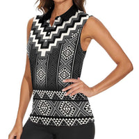 Black Taniko Aotearoa Women Sleeveless Polo Shirt Niho Taniwha Mix Poutama LT14 - Polynesian Pride