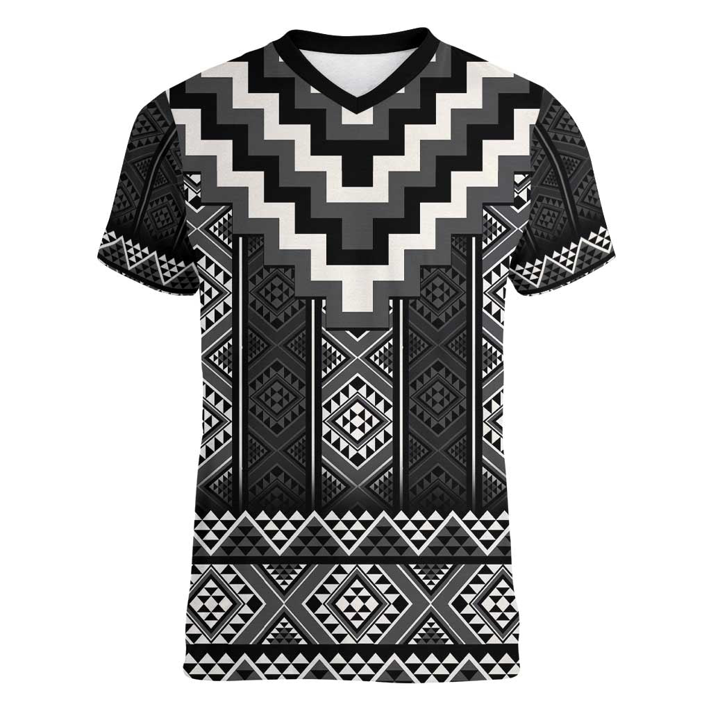 Black Taniko Aotearoa Women V-Neck T-Shirt Niho Taniwha Mix Poutama LT14 Female Black - Polynesian Pride