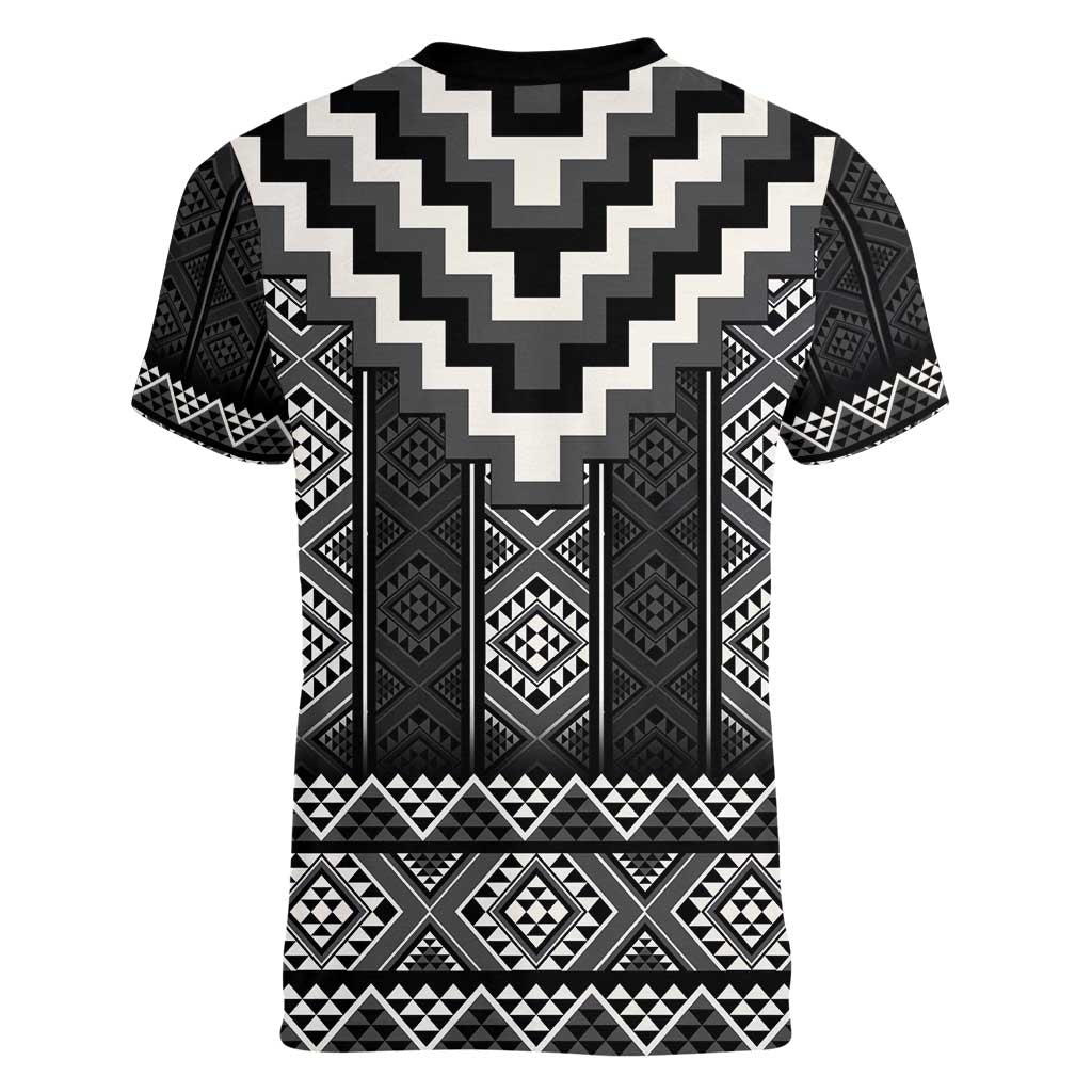 Black Taniko Aotearoa Women V-Neck T-Shirt Niho Taniwha Mix Poutama LT14 - Polynesian Pride
