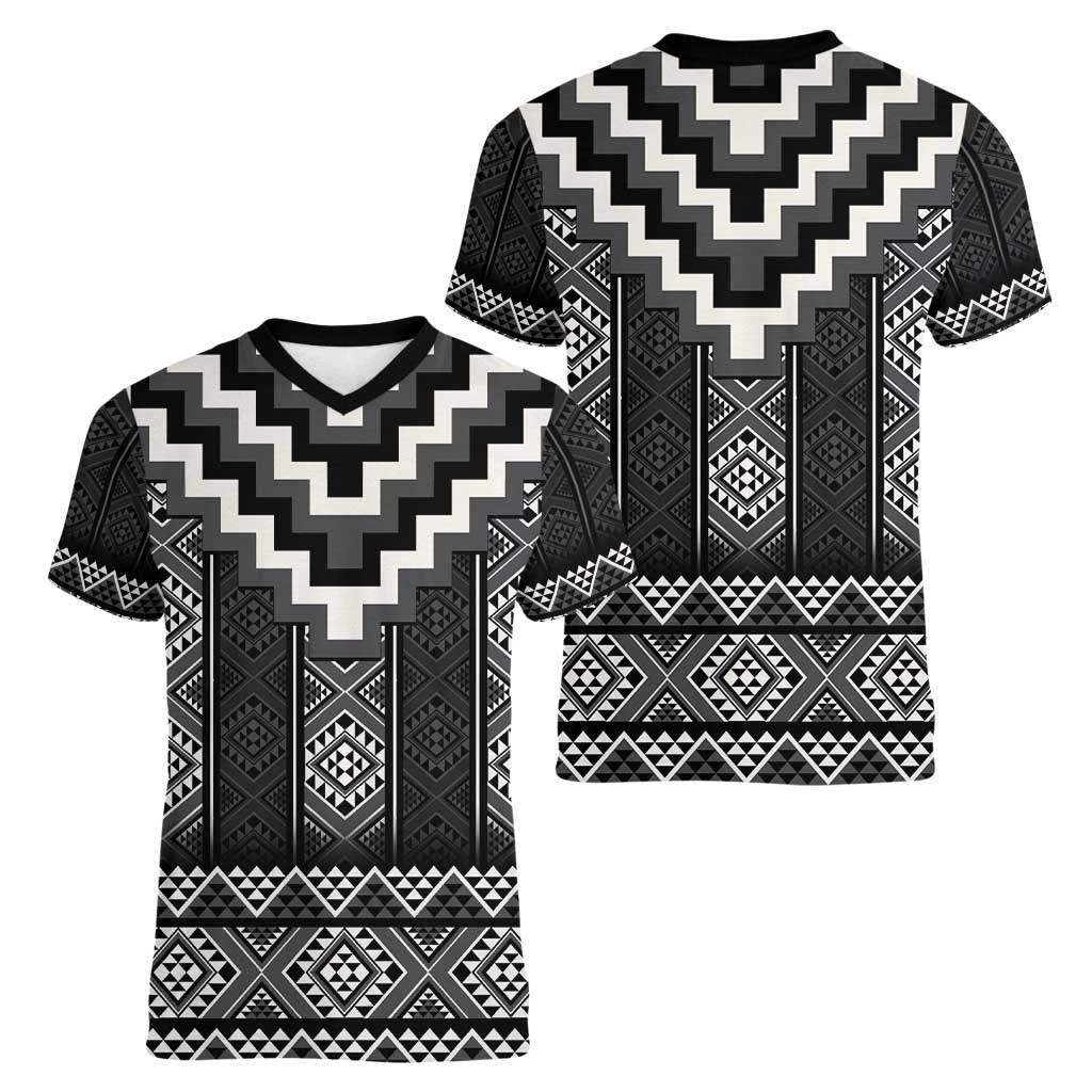 Black Taniko Aotearoa Women V-Neck T-Shirt Niho Taniwha Mix Poutama LT14 - Polynesian Pride