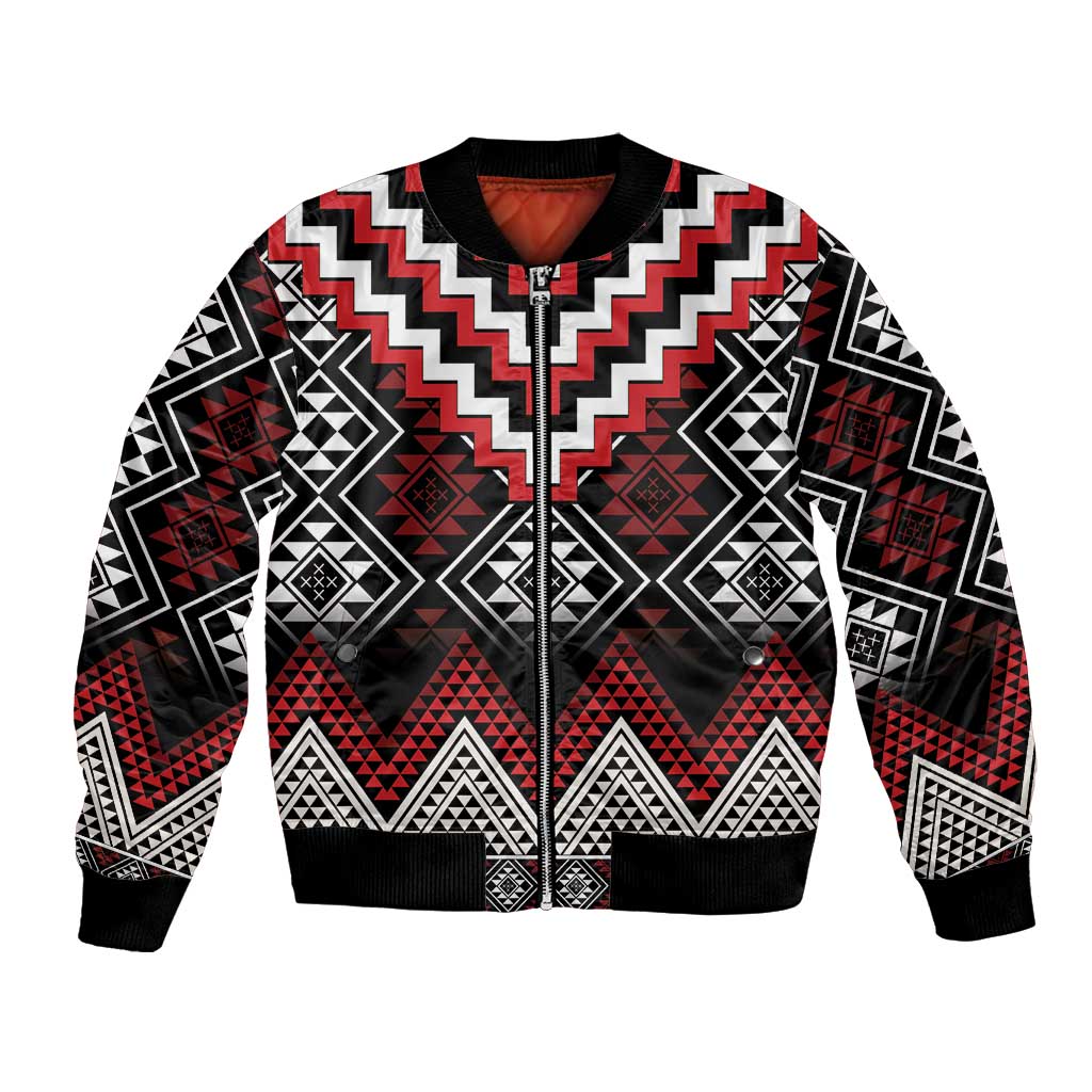 Red Taniko Aotearoa Bomber Jacket Niho Taniwha Mix Poutama