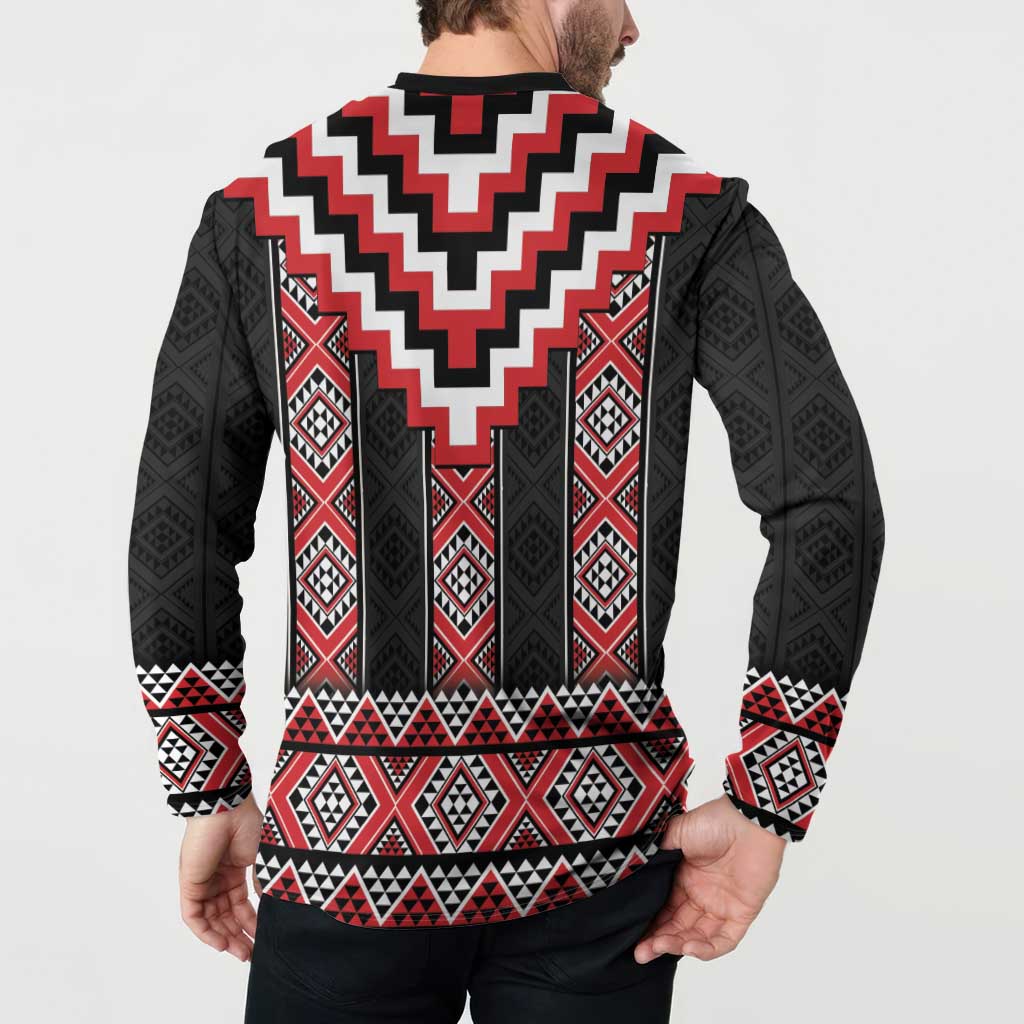 Red Taniko Aotearoa Button Sweatshirt Niho Taniwha Mix Poutama LT14 - Polynesian Pride