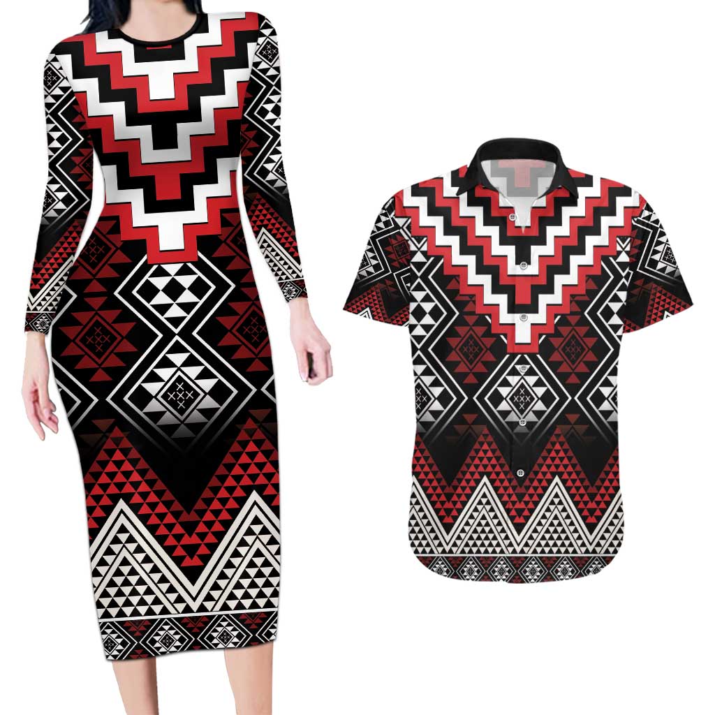 Red Taniko Aotearoa Couples Matching Long Sleeve Bodycon Dress and Hawaiian Shirt Niho Taniwha Mix Poutama