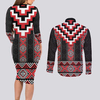 Red Taniko Aotearoa Couples Matching Long Sleeve Bodycon Dress and Long Sleeve Button Shirt Niho Taniwha Mix Poutama LT14 - Polynesian Pride