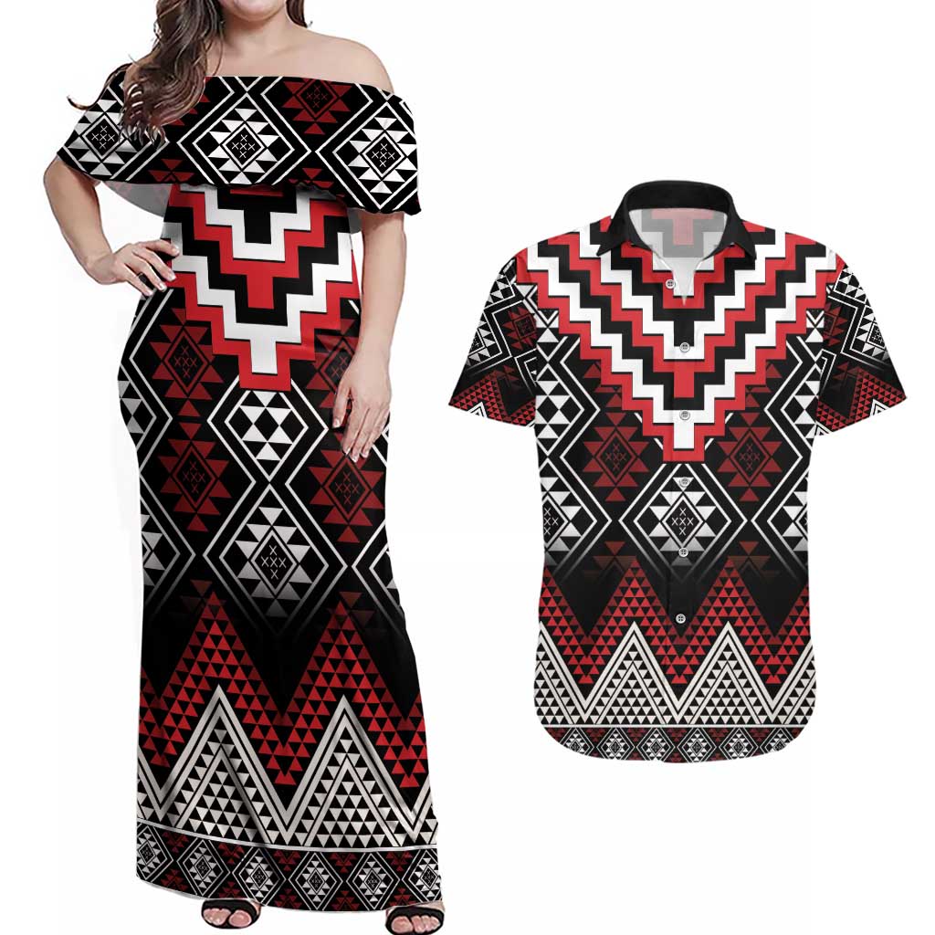 Red Taniko Aotearoa Couples Matching Off Shoulder Maxi Dress and Hawaiian Shirt Niho Taniwha Mix Poutama