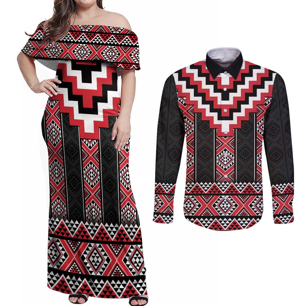 Red Taniko Aotearoa Couples Matching Off Shoulder Maxi Dress and Long Sleeve Button Shirt Niho Taniwha Mix Poutama LT14 Red - Polynesian Pride