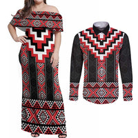 Red Taniko Aotearoa Couples Matching Off Shoulder Maxi Dress and Long Sleeve Button Shirt Niho Taniwha Mix Poutama LT14 Red - Polynesian Pride