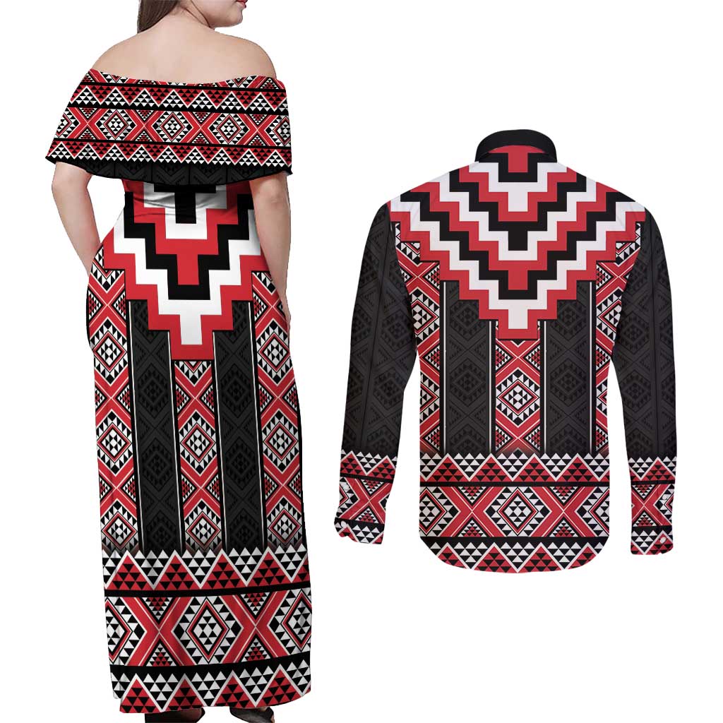 Red Taniko Aotearoa Couples Matching Off Shoulder Maxi Dress and Long Sleeve Button Shirt Niho Taniwha Mix Poutama LT14 - Polynesian Pride