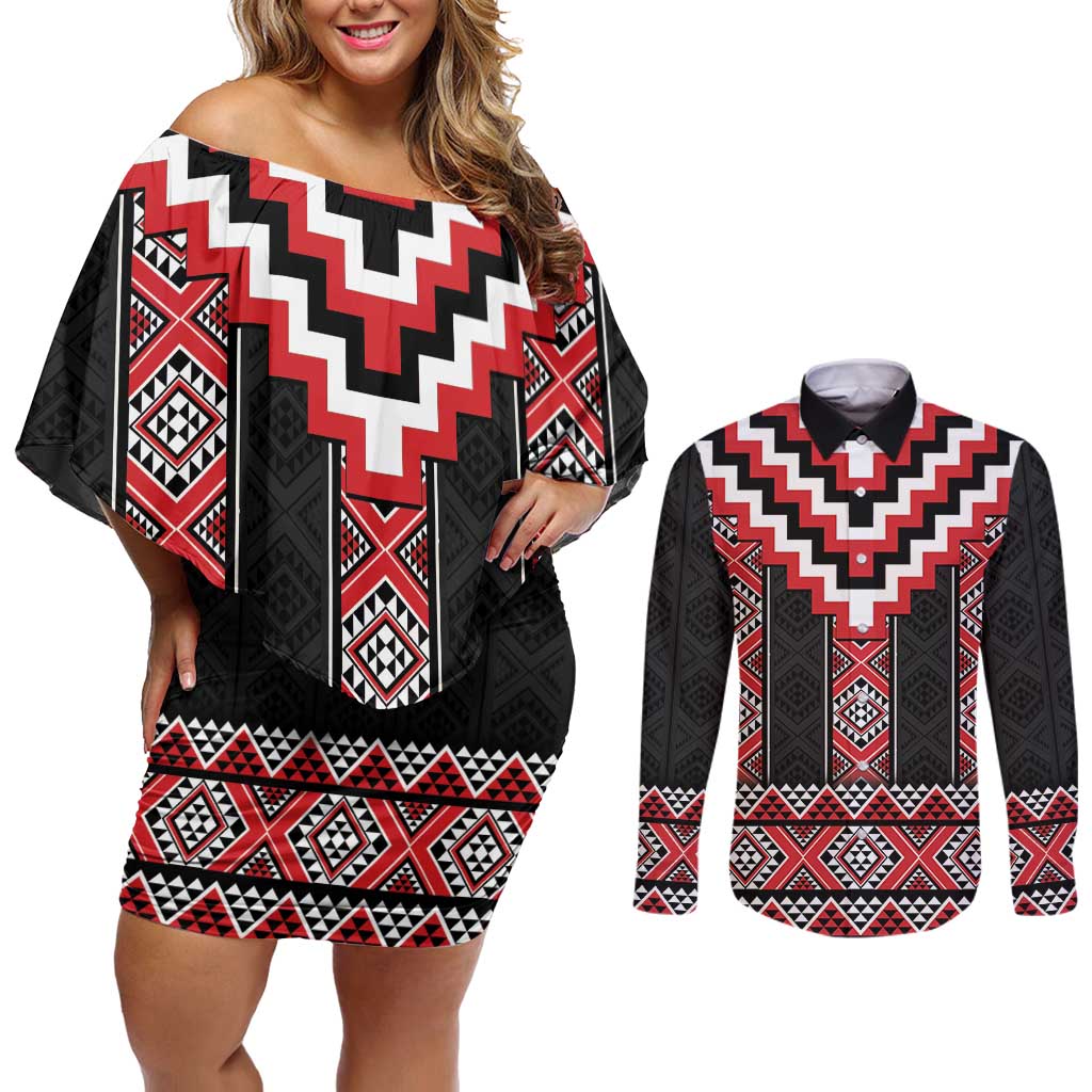 Red Taniko Aotearoa Couples Matching Off Shoulder Short Dress and Long Sleeve Button Shirt Niho Taniwha Mix Poutama LT14 Red - Polynesian Pride