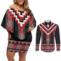 Red Taniko Aotearoa Couples Matching Off Shoulder Short Dress and Long Sleeve Button Shirt Niho Taniwha Mix Poutama LT14 Red - Polynesian Pride