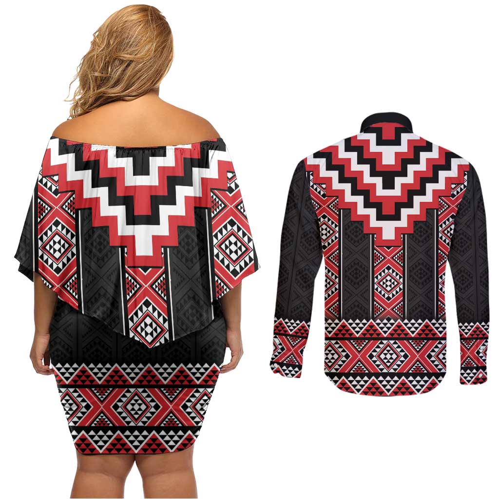 Red Taniko Aotearoa Couples Matching Off Shoulder Short Dress and Long Sleeve Button Shirt Niho Taniwha Mix Poutama LT14 - Polynesian Pride