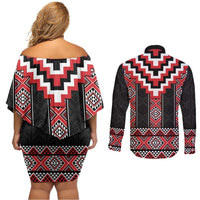 Red Taniko Aotearoa Couples Matching Off Shoulder Short Dress and Long Sleeve Button Shirt Niho Taniwha Mix Poutama LT14 - Polynesian Pride