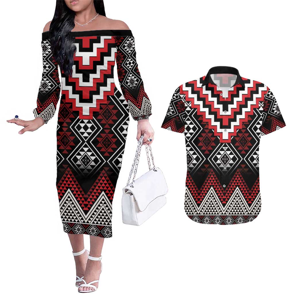 Red Taniko Aotearoa Couples Matching Off The Shoulder Long Sleeve Dress and Hawaiian Shirt Niho Taniwha Mix Poutama