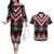 Red Taniko Aotearoa Couples Matching Off The Shoulder Long Sleeve Dress and Hawaiian Shirt Niho Taniwha Mix Poutama