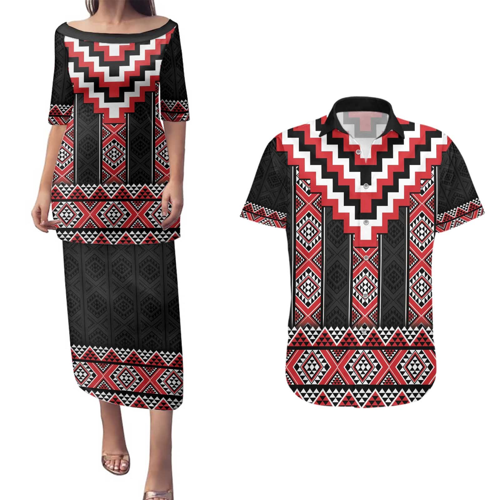 Red Taniko Aotearoa Couples Matching Puletasi and Hawaiian Shirt Niho Taniwha Mix Poutama LT14 Red - Polynesian Pride