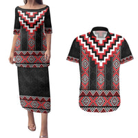 Red Taniko Aotearoa Couples Matching Puletasi and Hawaiian Shirt Niho Taniwha Mix Poutama LT14 Red - Polynesian Pride