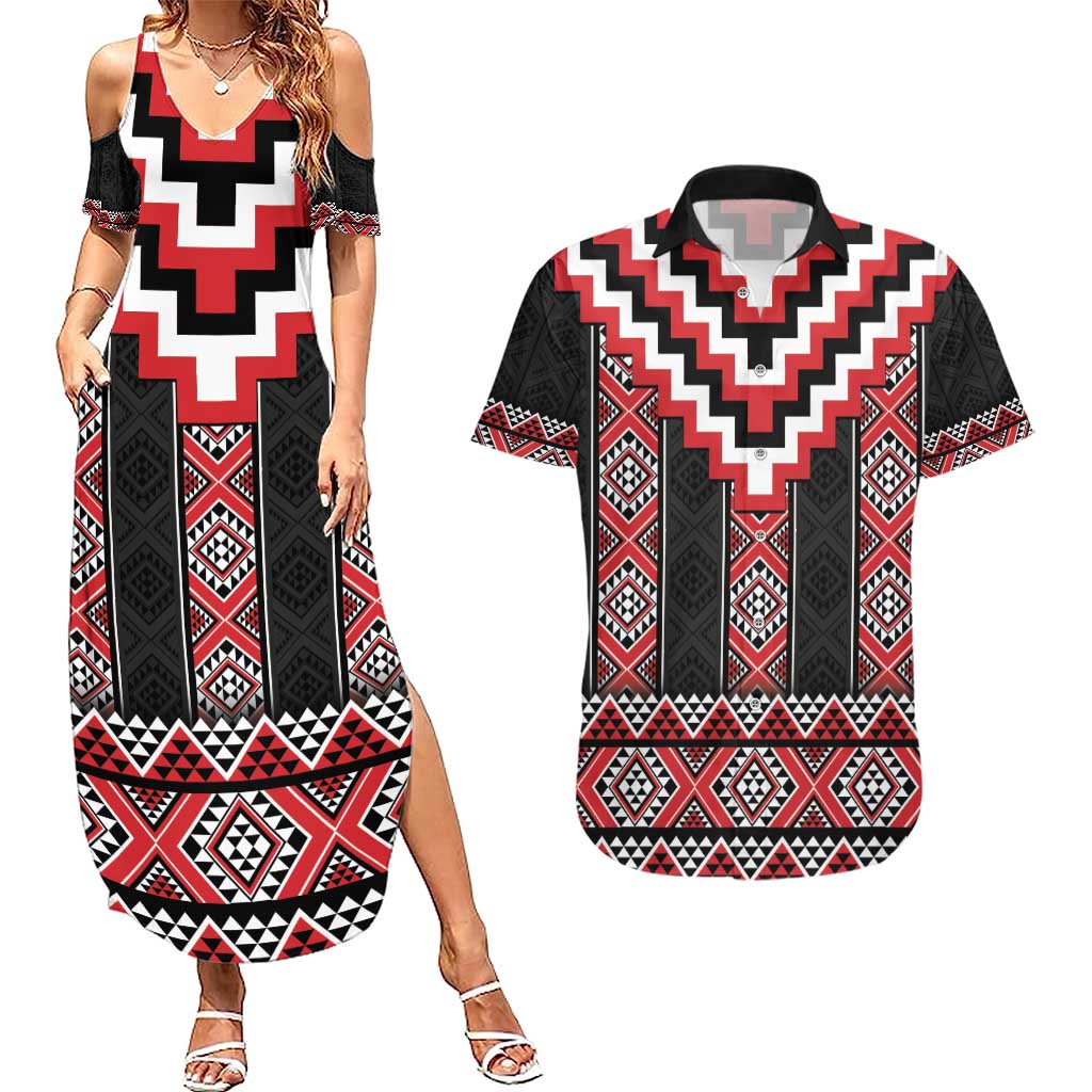 Red Taniko Aotearoa Couples Matching Summer Maxi Dress and Hawaiian Shirt Niho Taniwha Mix Poutama LT14 Red - Polynesian Pride