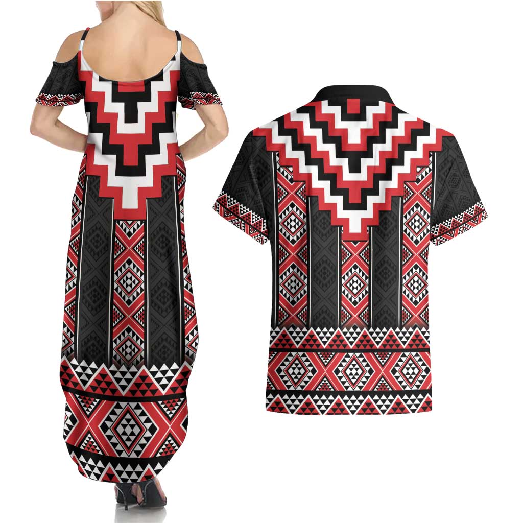 Red Taniko Aotearoa Couples Matching Summer Maxi Dress and Hawaiian Shirt Niho Taniwha Mix Poutama LT14 - Polynesian Pride