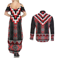 Red Taniko Aotearoa Couples Matching Summer Maxi Dress and Long Sleeve Button Shirt Niho Taniwha Mix Poutama LT14 - Polynesian Pride