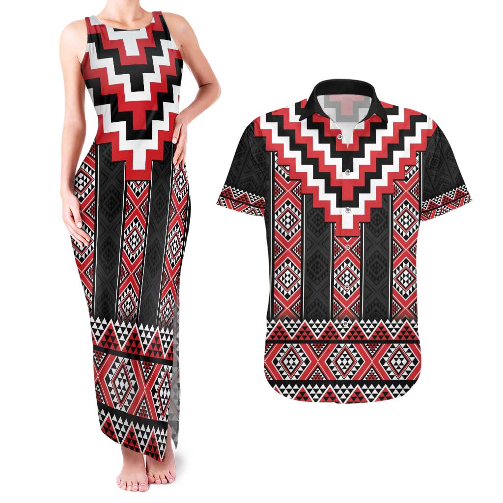 Red Taniko Aotearoa Couples Matching Tank Maxi Dress and Hawaiian Shirt Niho Taniwha Mix Poutama LT14 Red - Polynesian Pride