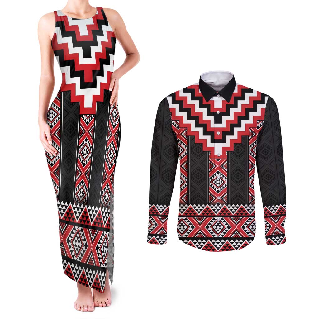 Red Taniko Aotearoa Couples Matching Tank Maxi Dress and Long Sleeve Button Shirt Niho Taniwha Mix Poutama LT14 Red - Polynesian Pride