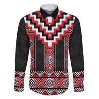 Red Taniko Aotearoa Family Matching Long Sleeve Bodycon Dress and Hawaiian Shirt Niho Taniwha Mix Poutama LT14 Dad's Shirt - Long Sleeve Red - Polynesian Pride