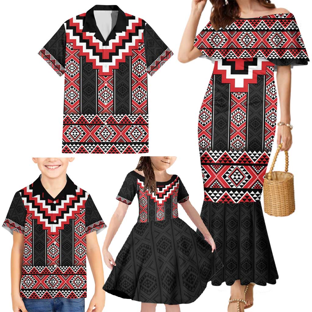Red Taniko Aotearoa Family Matching Mermaid Dress and Hawaiian Shirt Niho Taniwha Mix Poutama LT14 - Polynesian Pride