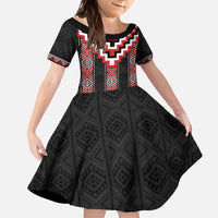 Red Taniko Aotearoa Family Matching Off The Shoulder Long Sleeve Dress and Hawaiian Shirt Niho Taniwha Mix Poutama LT14
