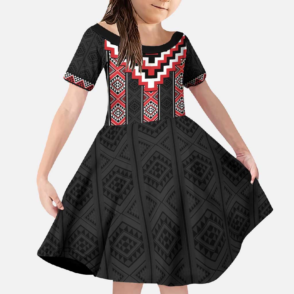 Red Taniko Aotearoa Family Matching Short Sleeve Bodycon Dress and Hawaiian Shirt Niho Taniwha Mix Poutama LT14 Daughter's Dress Red - Polynesian Pride