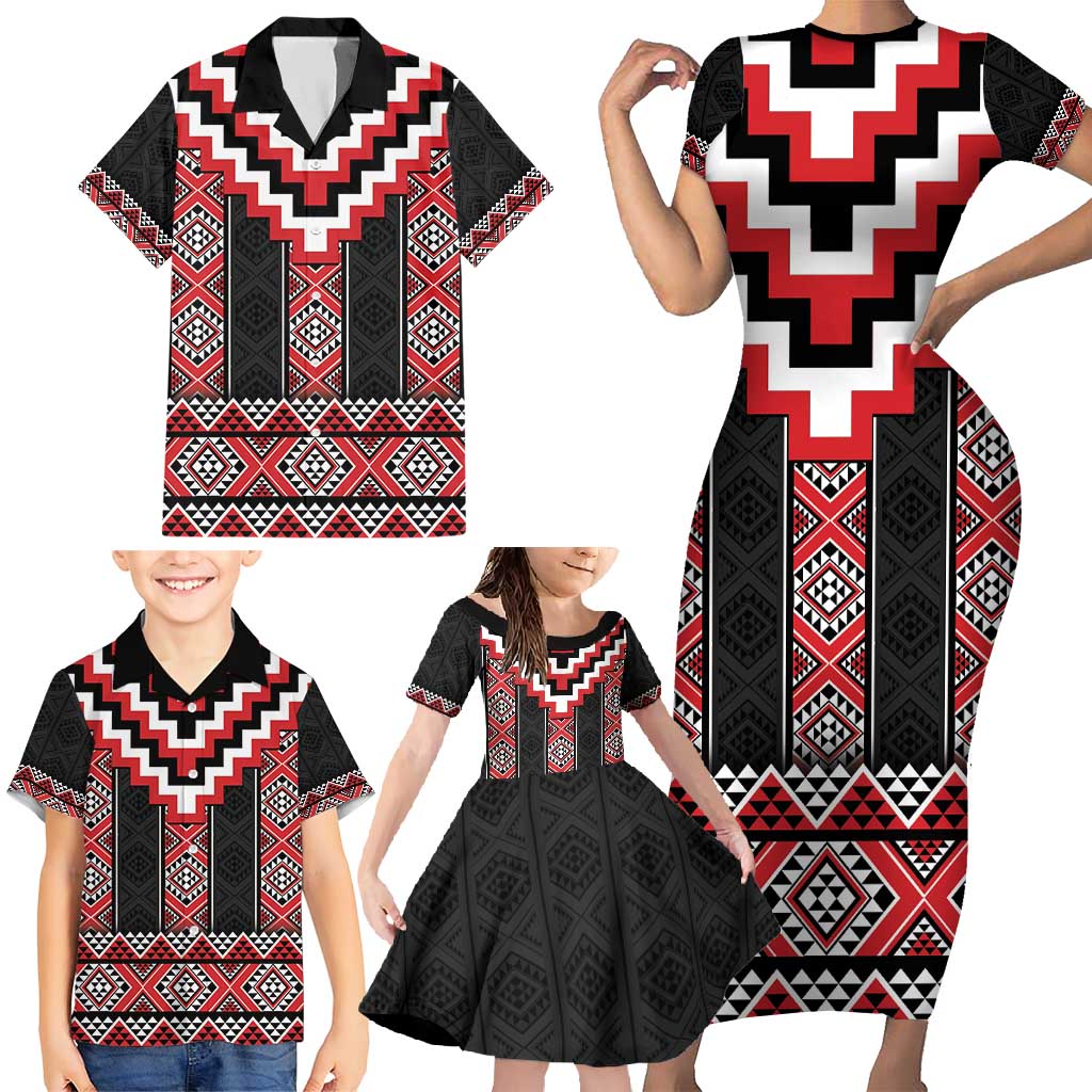Red Taniko Aotearoa Family Matching Short Sleeve Bodycon Dress and Hawaiian Shirt Niho Taniwha Mix Poutama LT14 - Polynesian Pride