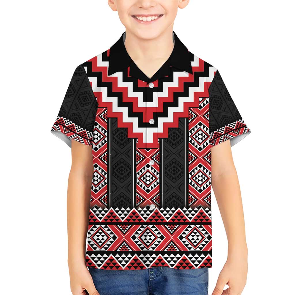 Red Taniko Aotearoa Family Matching Short Sleeve Bodycon Dress and Hawaiian Shirt Niho Taniwha Mix Poutama LT14 Son's Shirt Red - Polynesian Pride