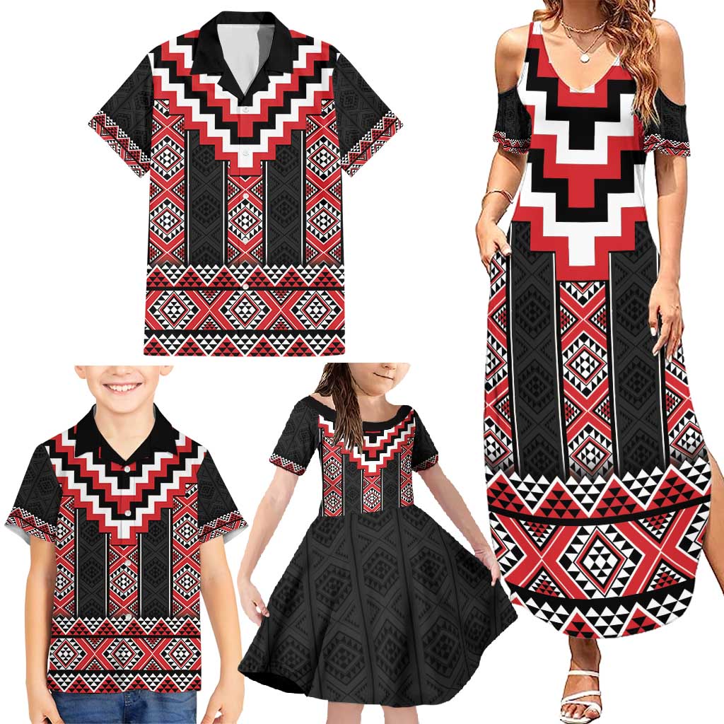Red Taniko Aotearoa Family Matching Summer Maxi Dress and Hawaiian Shirt Niho Taniwha Mix Poutama LT14 - Polynesian Pride