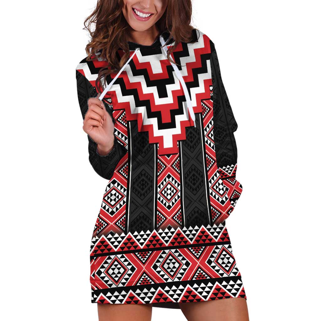 Red Taniko Aotearoa Hoodie Dress Niho Taniwha Mix Poutama LT14 Red - Polynesian Pride
