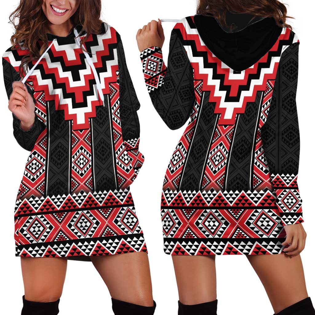 Red Taniko Aotearoa Hoodie Dress Niho Taniwha Mix Poutama LT14 - Polynesian Pride