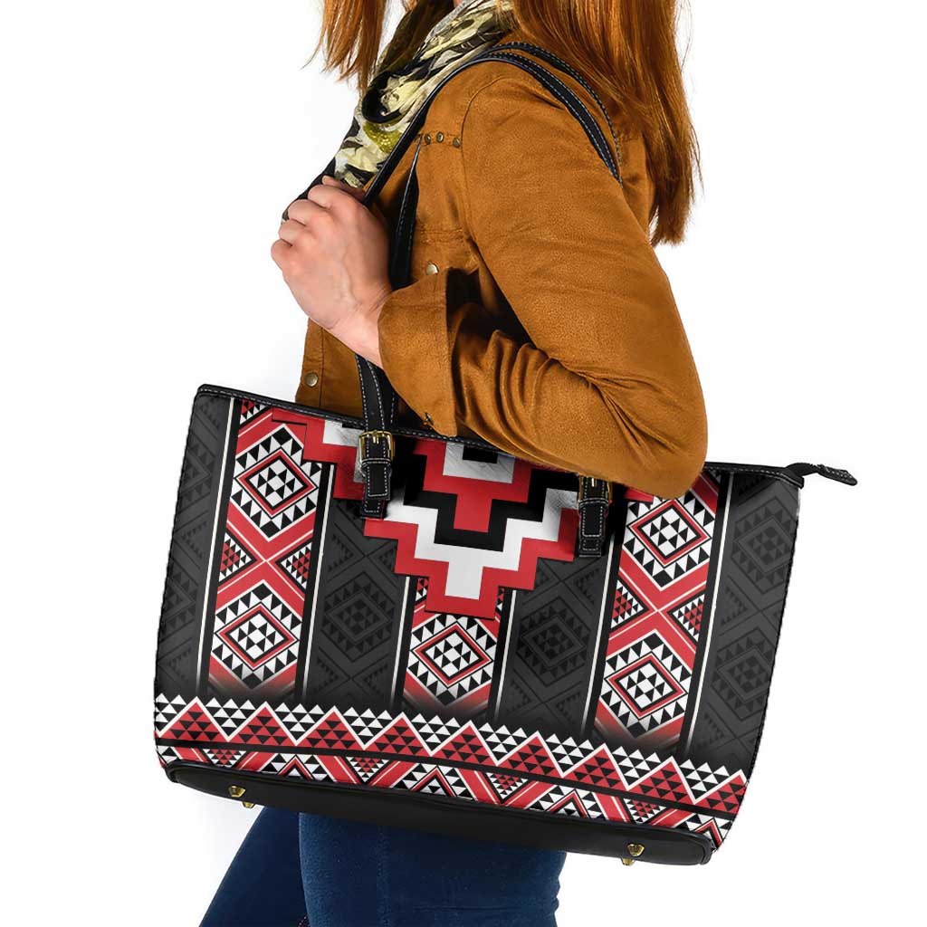 Red Taniko Aotearoa Leather Tote Bag Niho Taniwha Mix Poutama LT14 Red - Polynesian Pride