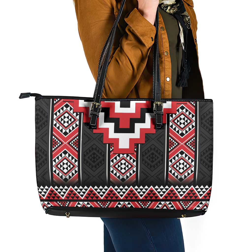 Red Taniko Aotearoa Leather Tote Bag Niho Taniwha Mix Poutama LT14 - Polynesian Pride
