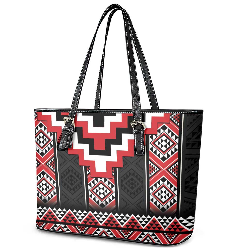 Red Taniko Aotearoa Leather Tote Bag Niho Taniwha Mix Poutama LT14 - Polynesian Pride