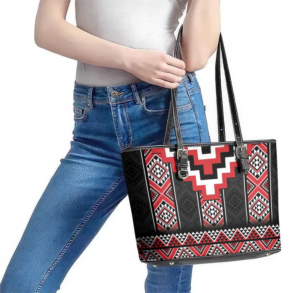 Red Taniko Aotearoa Leather Tote Bag Niho Taniwha Mix Poutama LT14 - Polynesian Pride